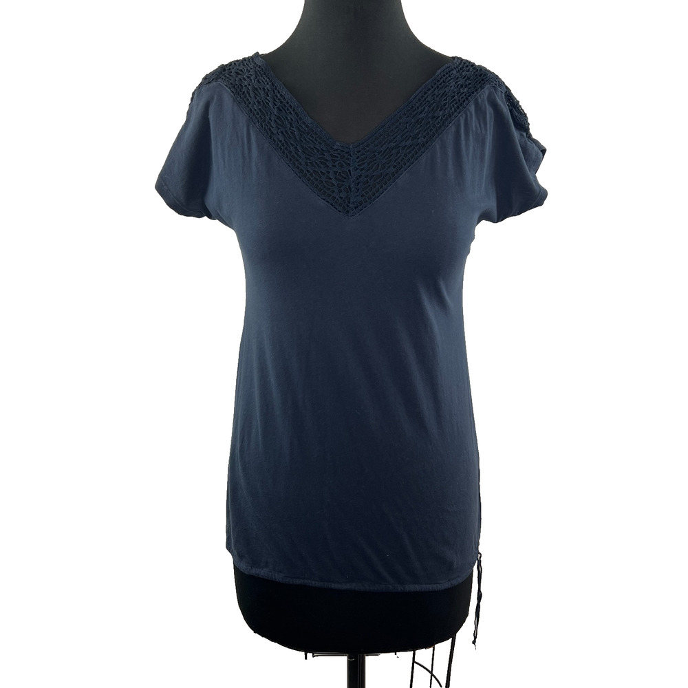 Hi-Line Madewell J Crew Navy Blue Short Sleeve Crochet Top Size XS Extra Small